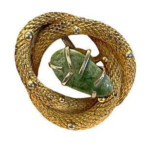 BSK Vintage Pin Textured Twisted Rope Knot Gold-Tone Brooch Green Stone Agate
